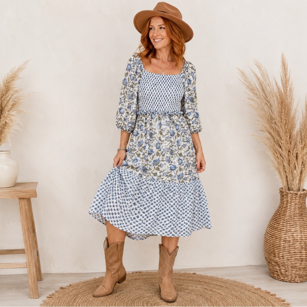 Taylor Blue Floral Cottagecore Smocked‎ Cottagecore Maxi Dress Prairie Boho 8